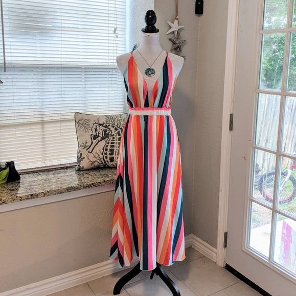 New Gorgeous Rainbow Striped V Plunge Maxi Dress - Picture 3 of 15